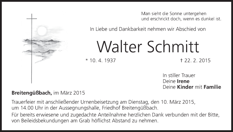  Traueranzeige für Walter Schmitt vom 07.03.2015 aus MGO