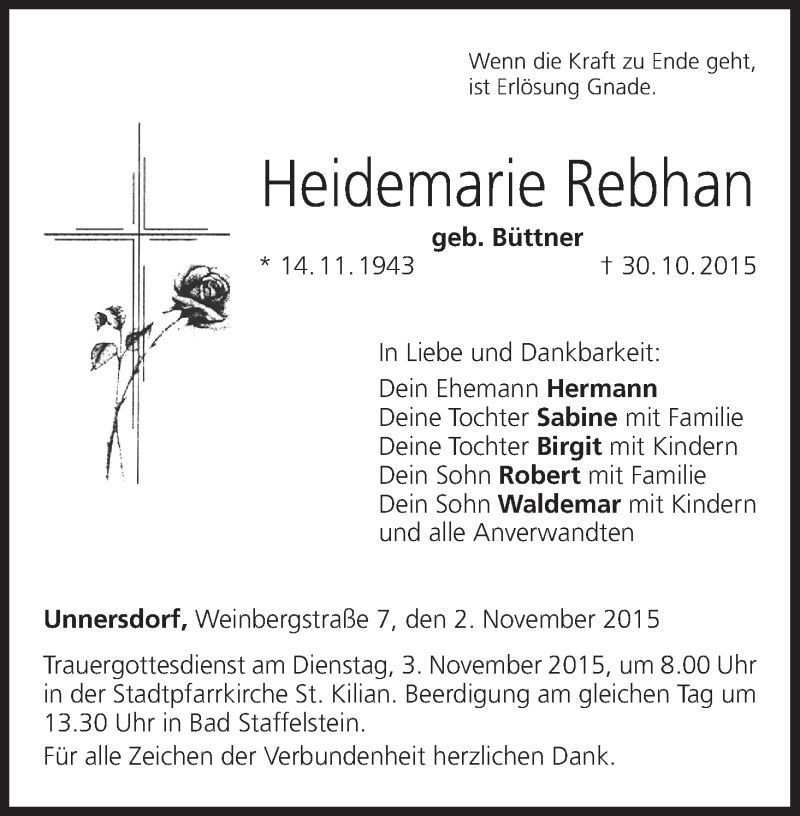  Traueranzeige für Heidemarie Rebhan vom 02.11.2015 aus MGO
