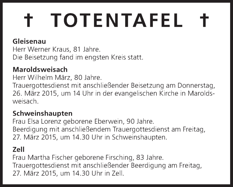  Traueranzeige für Totentafel vom 26.03.2015 vom 26.03.2015 aus MGO