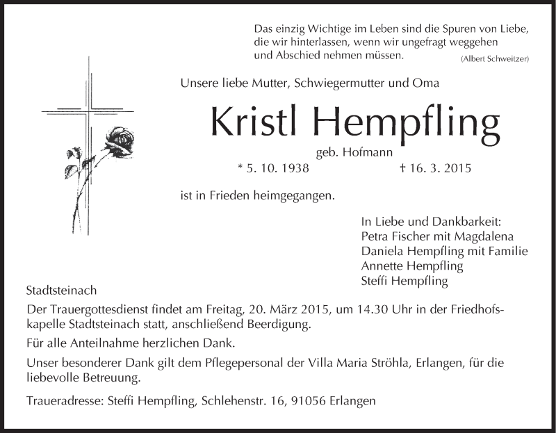  Traueranzeige für Kristl Hempfling vom 18.03.2015 aus MGO