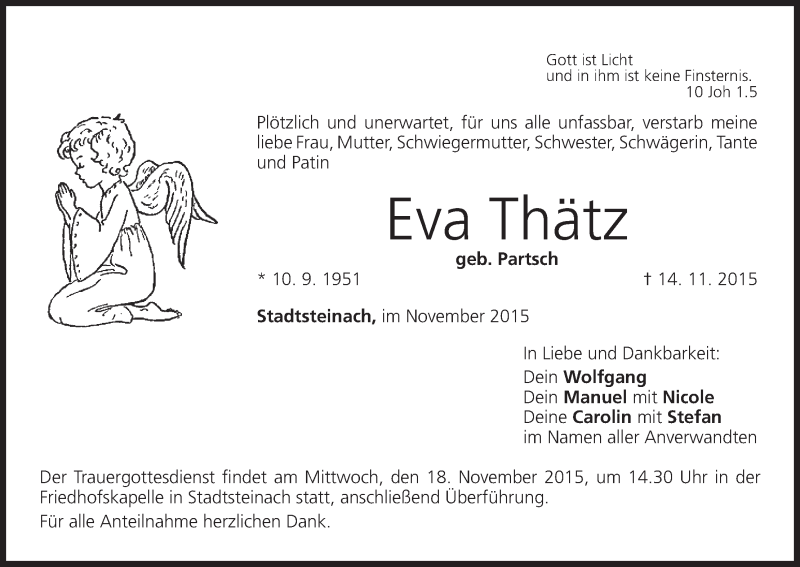  Traueranzeige für Eva Thätz vom 16.11.2015 aus MGO