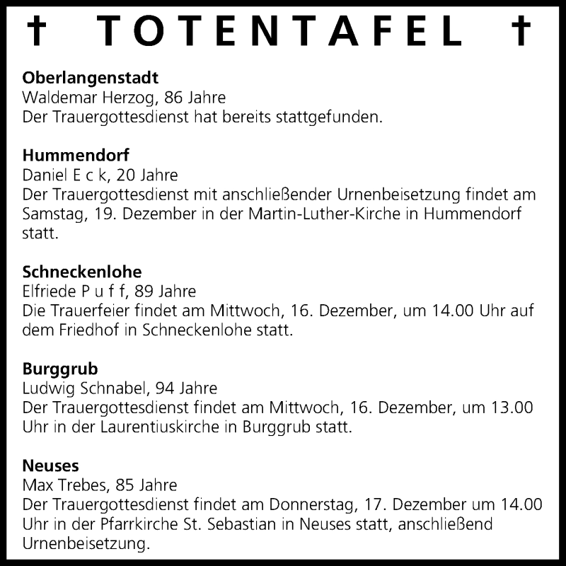  Traueranzeige für Totentafel vom 15.12.2015 vom 15.12.2015 aus MGO