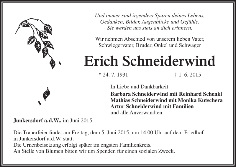 Traueranzeige für Erich Schneiderwind vom 03.06.2015 aus MGO