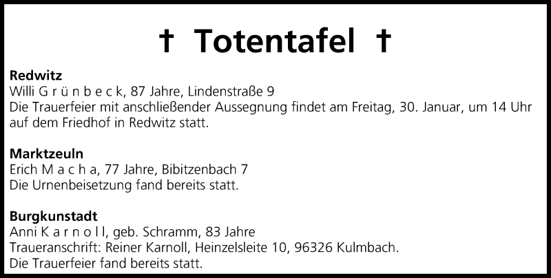  Traueranzeige für Totentafel vom 30.01.2015 vom 30.01.2015 aus MGO