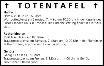 Anzeige von Totentafel vom 06.03.2015 von MGO