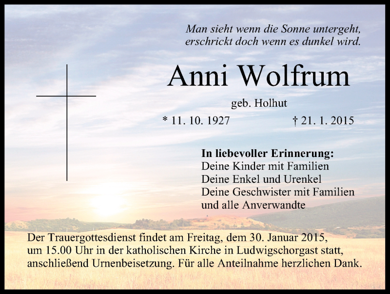  Traueranzeige für Anni Wolfram vom 28.01.2015 aus MGO