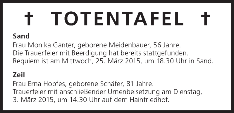  Traueranzeige für Totentafel vom 28.02.2015 vom 28.02.2015 aus MGO