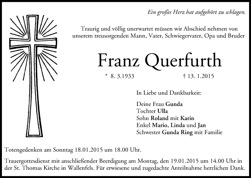  Traueranzeige für Franz Querfurth vom 17.01.2015 aus MGO