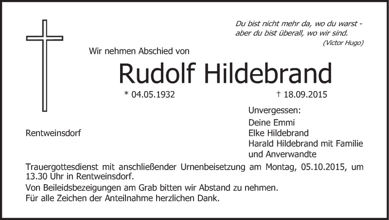  Traueranzeige für Rudolf Hildebrand vom 30.09.2015 aus MGO