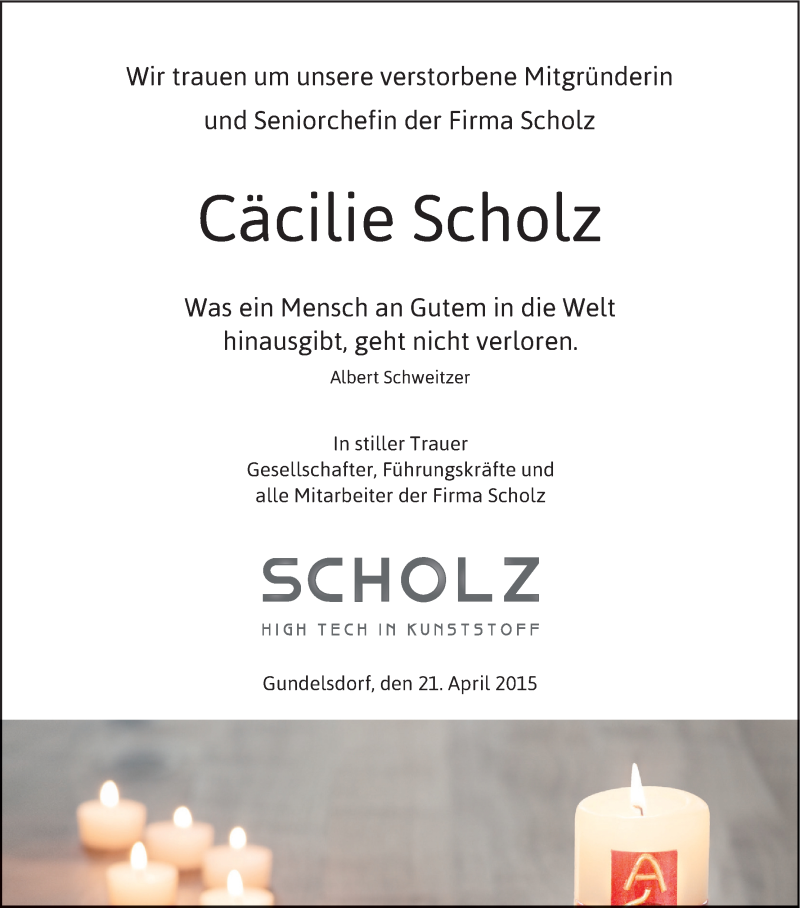  Traueranzeige für Cäcilie Scholz vom 21.04.2015 aus MGO