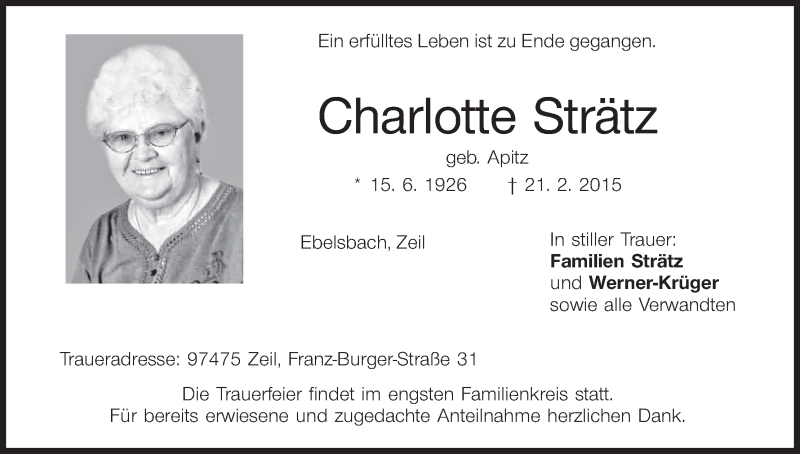  Traueranzeige für Charlotte Strätz vom 28.02.2015 aus MGO