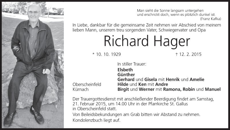  Traueranzeige für Richard Hager vom 18.02.2015 aus MGO