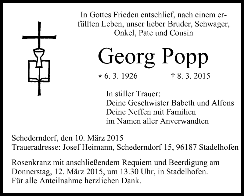  Traueranzeige für Georg Popp vom 10.03.2015 aus MGO