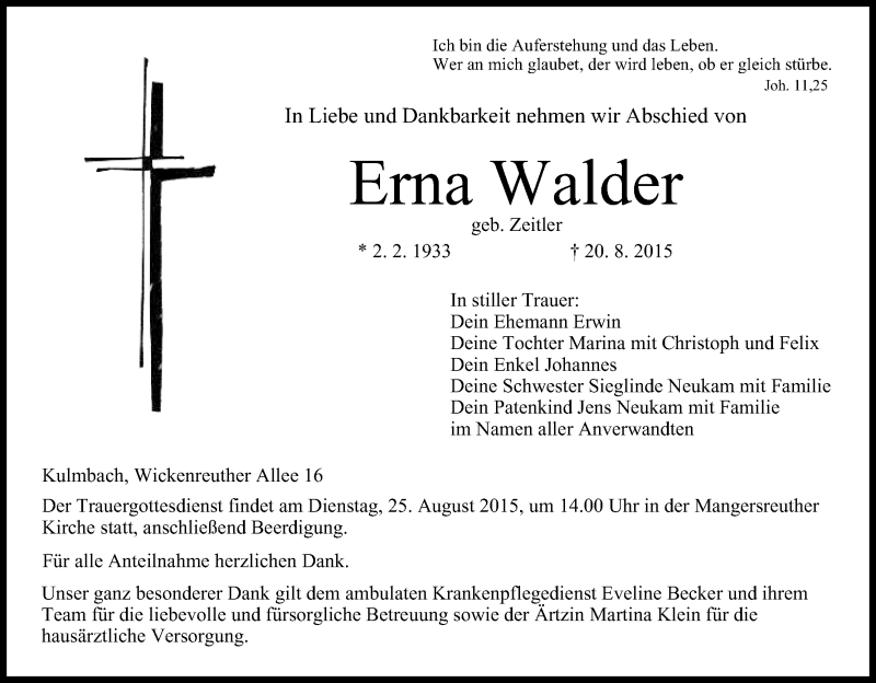  Traueranzeige für Erna Walder vom 22.08.2015 aus MGO