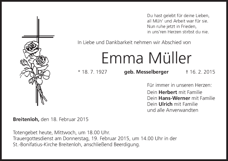  Traueranzeige für Emma Müller vom 18.02.2015 aus MGO