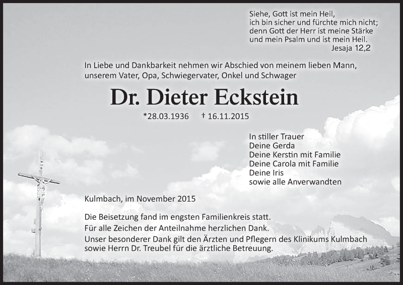  Traueranzeige für Dieter Eckstein vom 24.11.2015 aus MGO