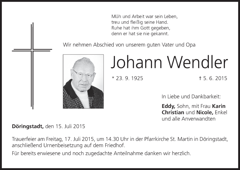  Traueranzeige für Johann Wendler vom 15.07.2015 aus MGO