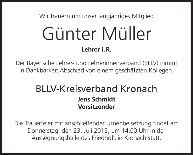  Traueranzeige für Günter Müller vom 21.07.2015 aus MGO