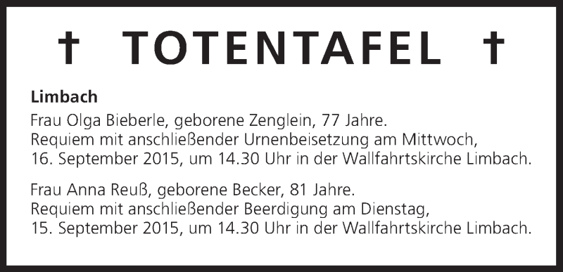  Traueranzeige für Totentafel vom 15.09.2015 vom 15.09.2015 aus MGO