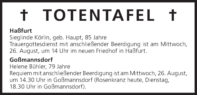 Traueranzeige für Totentafel vom 25.08.2015 vom 25.08.2015 aus MGO