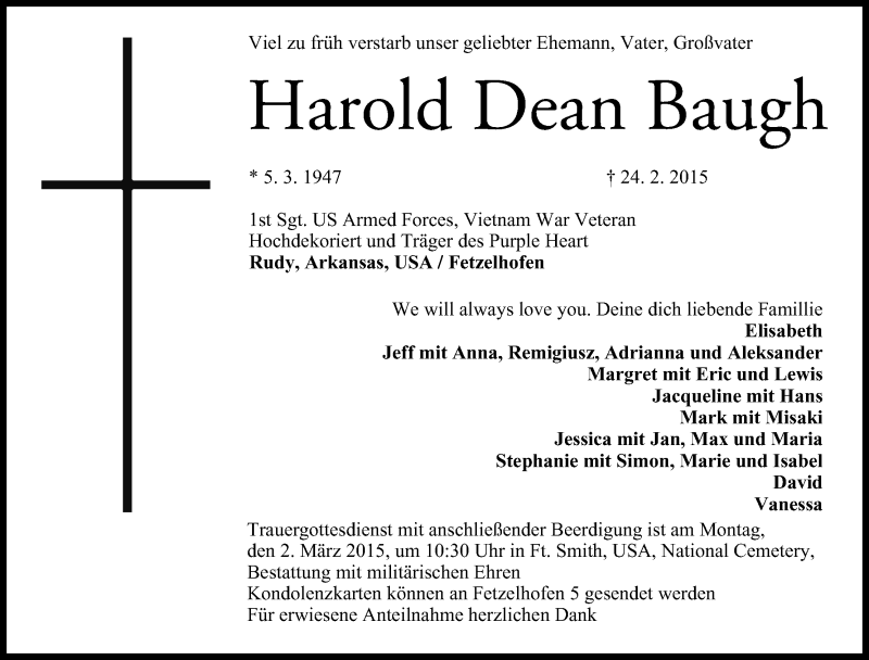  Traueranzeige für Harold Dean Baugh vom 28.02.2015 aus MGO