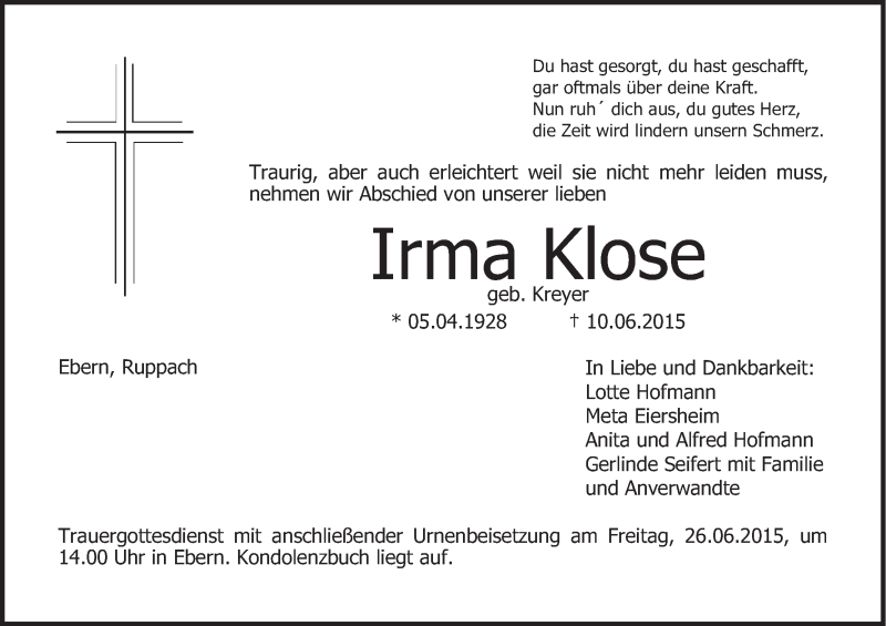  Traueranzeige für Irma Klose vom 23.06.2015 aus MGO