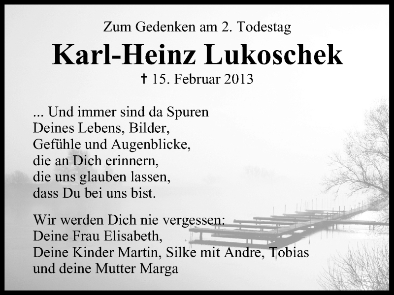  Traueranzeige für Karl-Heinz Lukoschek vom 14.02.2015 aus MGO
