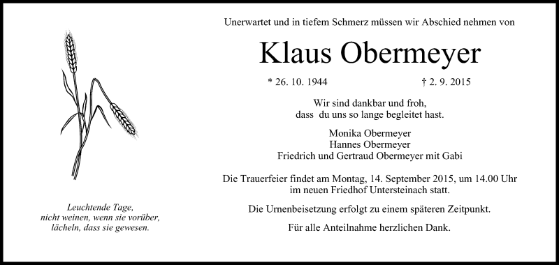  Traueranzeige für Klaus Obermeyer vom 09.09.2015 aus MGO