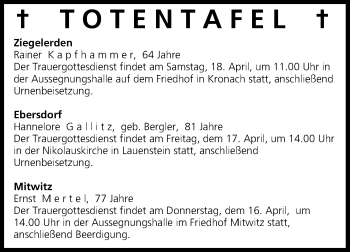 Anzeige von Totentafel vom 16.04.2015 von MGO