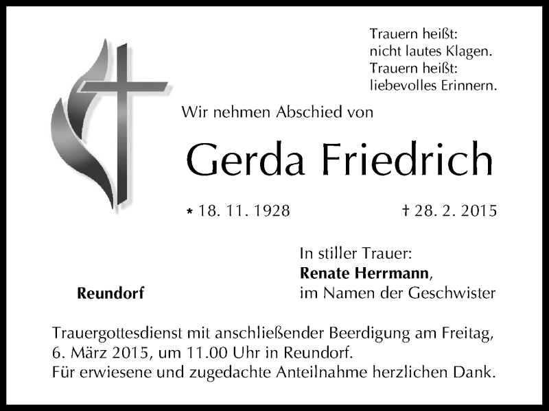  Traueranzeige für Gerda Friedrich vom 04.03.2015 aus MGO