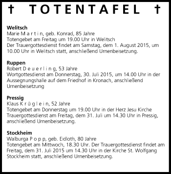 Anzeige von Totentafel vom 29.07.2015 von MGO