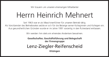 Anzeige von Heinrich Mehnert von MGO