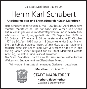 Anzeige von Karl Schubert von MGO