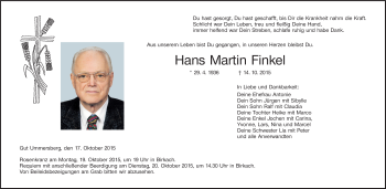 Anzeige von Hans Martin Finkel von MGO