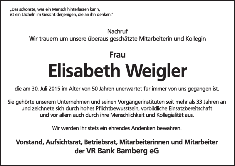  Traueranzeige für Elisabeth Weigler vom 01.08.2015 aus MGO