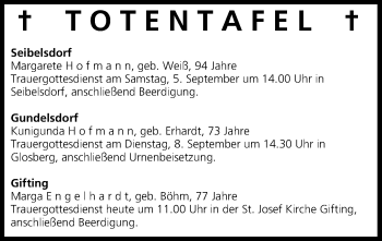 Anzeige von Totentafel vom 05.09.2015 von MGO
