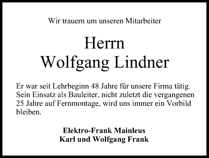  Traueranzeige für Wolfgang Lindner vom 17.06.2015 aus MGO