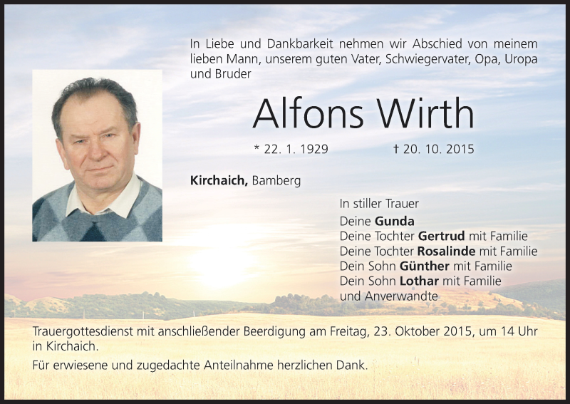  Traueranzeige für Alfons Wirth vom 22.10.2015 aus MGO