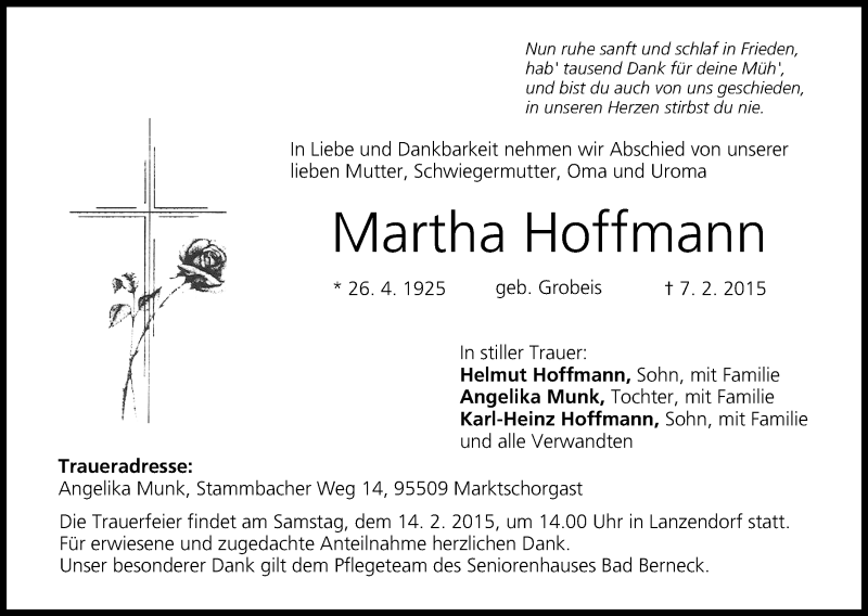  Traueranzeige für Martha Hoffmann vom 11.02.2015 aus MGO