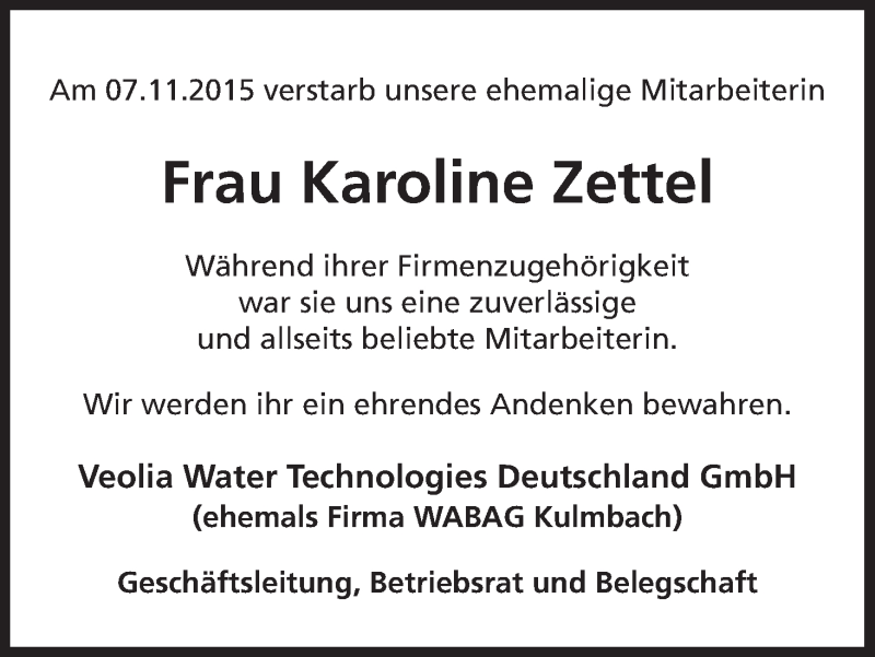  Traueranzeige für Karoline Zettel vom 13.11.2015 aus MGO