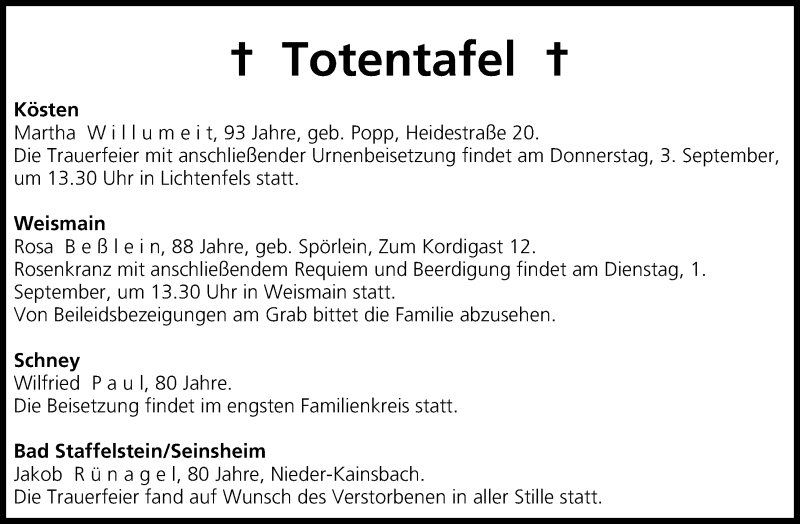  Traueranzeige für Totentafel vom 01.09.2015 vom 01.09.2015 aus MGO