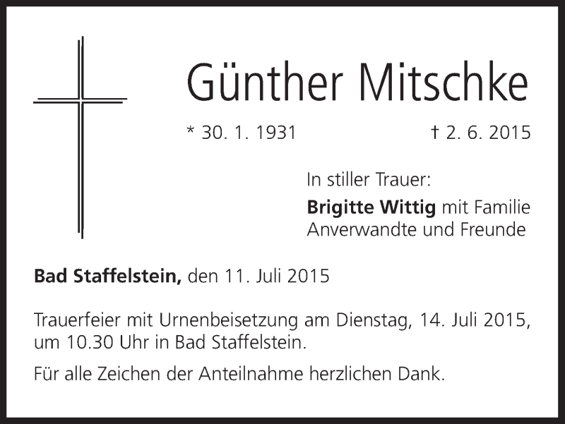  Traueranzeige für Günther Mitschke vom 11.07.2015 aus MGO