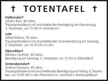 Anzeige von Totentafel vom 03.12.2015 von MGO