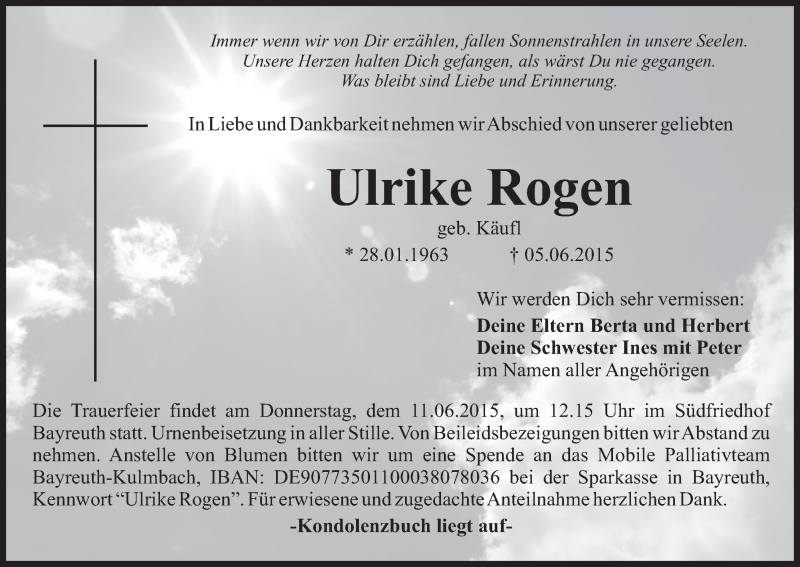  Traueranzeige für Ulrike Rogen vom 09.06.2015 aus MGO