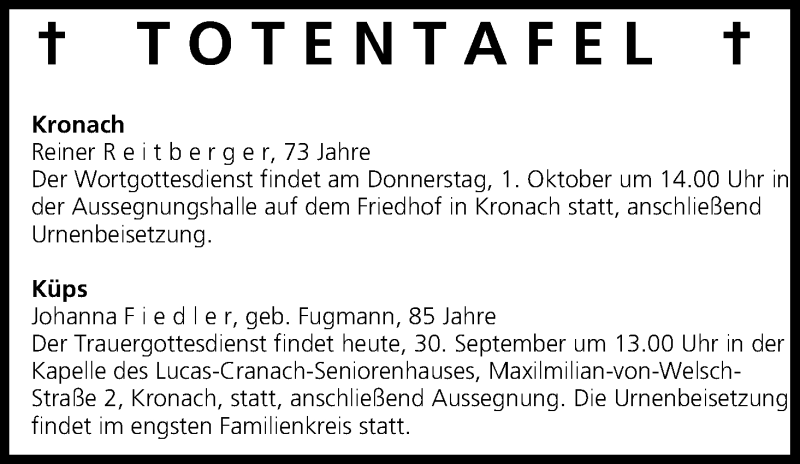  Traueranzeige für Totentafel vom 30.09.2015 vom 30.09.2015 aus MGO