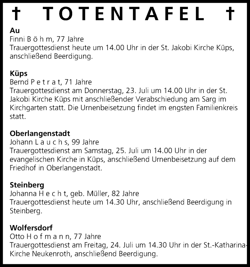  Traueranzeige für Finni Böhm vom 22.07.2015 aus MGO