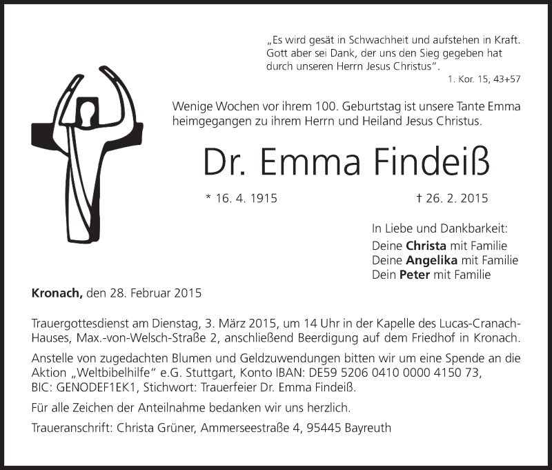  Traueranzeige für Emma Findeiß vom 28.02.2015 aus MGO