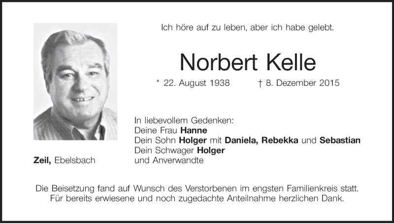  Traueranzeige für Norbert Kelle vom 16.12.2015 aus MGO