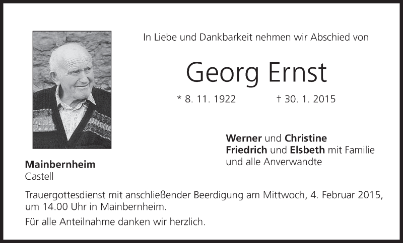  Traueranzeige für Georg Ernst vom 03.02.2015 aus MGO