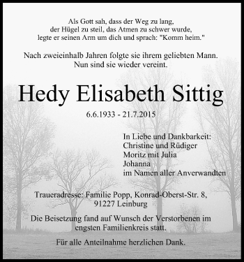 Anzeige von Hedy Elisabeth Sittig von MGO